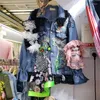 Kvinnorjackor Fashion Diamond Mesh Patchwork Sequin Flowers Denim Coat 2023 Spring Autumn Casual Long Sleeve Jeans Jacket Women