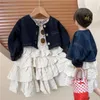 Clothing Sets Two Pieces Autumn Baby Girls Clothes Blue Single Breasted Jackets Coats Beige Sleeveless Ankle Length Tiered Dresses