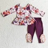 Ensembles de vêtements en gros manches longues tunique florale hauts bleu coton legging pantalon enfants enfants deux pièces enfant en bas âge tenue bébé filles fleur