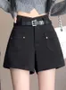 Kvinnors shorts qoerlin Stylish Woolen Women Winter Autumn High midja a-line bred ben Loose Black Pocket Fashion 2024