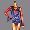 무대웨어 라틴 댄스 톱 성인 여성 플레어 슬리브 현대 표범 패턴 패치 워크 바디 수트
