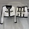 Women's color block o-neck tweed woolen gold buttons patched short jacket and skirt twinset 2 pc dress suit SML