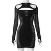 Casual Dresses Joskaa Sexy Hollow Out Mini Dress Women Hipster Stunning O-Neck Full Sleeve Bodys-Shaping Robe Fall 2023 Party Night Clubwear