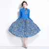 Casual Vacation Blue Midi Pleated Dress Woman Designer O-Neck Knitted Patchwork Print Slim Lace Up Bow Party Dresses 2023 Fall Winter Runway Long Sleeve Frocks