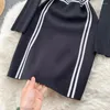 Casual Dresses Black And White Striped Knitted Dress For Women 2023 Autumn Winter O-neck Long Sleeve Slim Stretch Mini Bodycon Sweater