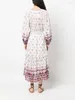 Casual Dresses Women Vintage Pattern Printing Robe Pleated Loose Lace-Up Long Lantern Sleeve High midje sommar 2023 Lady Oregelbundet Midi