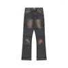 Herren-Jeans, chinesischer Vintage-Stil, verwaschen, im Distressed-Look, ausgefranst, stirnrunzelnd, plissiert, High-Street-Struktur, mikro-ausgestellt