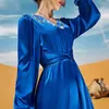 Roupas étnicas Azul V-Pescoço Strass Maxi Vestido Muçulmano Abayas para Mulheres Dubai Turquia Islam Médio Oriente Temperamento Mangas Compridas