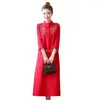 Ethnische Kleidung 2023 Chinesisches besticktes Baumwoll-Leinen-Kleid, lockerer Stil, mittellang, asiatische Damen, Vintage, verbessertes tägliches Qipao