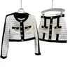 Women's color block o-neck tweed woolen gold buttons patched short jacket and skirt twinset 2 pc dress suit SML