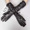 Fingerless Gloves Winter Women PU Leather Pleated Pile Sleeve Touch Screen Gloves Sexy Silk Lining 50cm Long Full Finger Warm Driving Mitten K52L231017