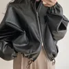 Femmes cuir ZCSMLL personnalisé col montant fermeture éclair conception ourlet cordon lâche bulle manches moto manteau femmes coréen Chic