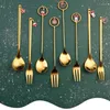 Dinnerware Sets 6Pcs/Set Christmas Golden Spoon Coffee Fork Elk Xmas Tree Tableware Steel Metal Cartoon Doll Home Decoration Year Decor Gift