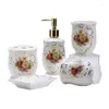 Badtillbehör Set europeiska målade blommor Keramiska badrumsredskap Guld Press Lotion Bottle Tandborste Holder Mouthwash Cup Accessories