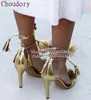 Sandals selling women multi color pom sandals thin high heel fringe lace up cover open toe fashion party footwear 230407