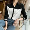 Women's Blouses Chiffon Tops Dameshemd lange mouw vintage zwart wit patchwork 2023 zomer herfst mode Koreaanse knop omhoog casual blouse