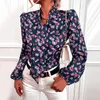 女性のブラウスレディースカジュアルvネックロールアップスリーブラペルプリントセクシーなシャツボタンダウントップスハイキングシャツ
