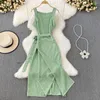 Casual Dresses Summer French Ladies Office Suspender Dress Chic ett stycke Lace Up midja visar tunn lång splittring för kvinnor arbete ol