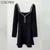 Casual Kleider Runway Designer Frauen Luxus Diamanten Perlen Langarm A-linie Mini 2023 Elegante Weiß Schwarz Gestrickte Pullover Kleid