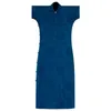 Etnik Giyim 2023 Vintage Mavi Stand Yakası Kısa Kollu Cheongsam Qipao Çin Geleneksel Elbise Kadınlar İçin Zarif Festival Partisi