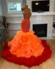Orange O Hals Abendkleid für schwarze Mädchen Geburtstagsfeier Kleider Perlen Kristall Rüschen Promkleider gestriebene Meerjungfrau Robe de Bal