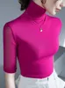 Women's T Shirts S-3XL Mesh Tshirt Top Women Half Sleeve Turtleneck T-shirts Girls High Stretch Simple Base Tees