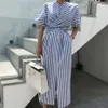 Корейское женское летнее хлопковое синее полосатое бандажное длинное платье с разрезом, женское длинное облегающее платье больших размеров, Vestido Robe Femme Ete Sukienki MX2239s
