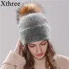 Beanie / Skull Caps Xtrês Chapéu Feminino Gorro de Inverno Malha Hhat Angola Rabbit Fur Bonnet Girl's Hat Fall Feminino Cap Com Pele Pom 231108