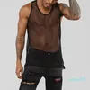 2023-Uomo T-shirt da uomo sexy Gilet senza maniche in rete trasparente Canotte Rete da pesca Scava fuori Vedi attraverso allenamento in palestra Abbigliamento sportivo maschile