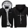 Men's Jackets Y2k Korea Fashion Faith Print Hooded Coat For Men Winter Zip Up Sweater Fleece Warm Jacket Male Casual Thicken Windbreaker