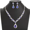 Halsbandörhängen Set Luxury Blue Crystal Big Pendant Fashion Teardrop Charm smycken Tillbehör för kvinnors alla hjärtans dag gåva