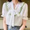 Femmes Blouses Blusa Mujer 2023 été nœud Blouse pour femmes doux volants chemise à manches courtes haut vêtements Femme Camisa Feminina