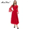 Casual Kleider MoaaYina Herbst Mode Designer Rosa Vintage Party Kleid Frauen Flare Hülse Cascading Rüschen Hohe Taille Schlank Mesh Lange