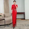 Vestidos casuais 2023 runway cheongsam melhorado longo bordado manga de sete pontos desempenho vestido curto elegante emagrecimento