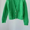 Puntos de mujer 2023 principios de otoño cárdigan de punto verde Vintage de moda con cuello en V manga larga diamante solo pecho recortado señora suéter chaqueta