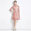 Woman Wed Party Pink Midi Dress French Designer Long Sleeve Lace Crochet Flower Stand Collar Slim High Waist Ruched Dresses 2023 Spring Fall Runway Vacation Frocks