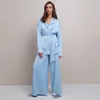 Damen-Nachtwäsche Spitze langärmliges Satin-Pyjama-Set Damenkleid Hose mit weitem Bein Hosenset Damenkleid Wintermode Seidenpyjama 230408