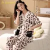 Women's Sleepwear Fashion Summer Pajamas Women's Thin Pajamas Short Sleeve Long Pants Cotton Kawai Bear Printed Pajamas Cardigan Evening Dress 230408