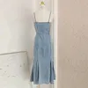 Casual Dresses Summer Fashion 2023 Women Spaghetti Strap Sleeve Pearls Embroidered Flares Denim Trumpet Chains Belt Long Dress