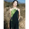 Casual Dresses Chinese Style Hanging Neck Strap Dress For Women Summer 2023 National Splice Sexy Mid Length Elegant Slim Long