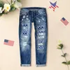 Jeans da donna Pantaloni denim da donna Gamba dritta Stampa strappata Jean cargo a vita media per donna Baggy 18 di altezza