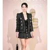 Women's Jackets Designer 2023 Autumn/Winter New Black Gold Silk Woven Jacket with Open Front Shoulder Pad Design QXWG