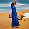 Roupas étnicas Azul V-Pescoço Strass Maxi Vestido Muçulmano Abayas para Mulheres Dubai Turquia Islam Médio Oriente Temperamento Mangas Compridas