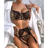 Fantasia sexy divertida lingerie sexy selvagem leopardo padrão renda emenda confortável conjunto de três peças