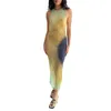 Casual jurken zomer dames bodycon jurk groen zwart dyed print ronde nek mouwloze enkellengte mode rok vakantie stijl