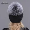 Beanie/Skull Caps JINBAOSEN Fashion Winter Warm Women Knit Caps Mink Hats With FOX Fur Vertical Woven Top 231108