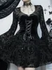 Casual Dresses InsDoit Goth Vintage Dark Flocked Flare Sleeve Dress Women Aesthetic Lace Corsets Patchwork Harajuku Elegant Party