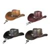 Basker Western Cowboy Hat Sun Drable Pu Leather Hats Gentleman Jazz med Chin Strap For Halloween Stage Performance Props