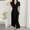 Party Dresses Black Slim Knitted Long Dress Women Single-breasted V-neck Short Sleeve Split Vintage Elegant Fashion Ladies Vestidos