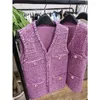Gilets pour femmes épais Tweed violet sans manches mi-longueur gilet veste haut femmes mode col en v manteau 2023 automne hiver